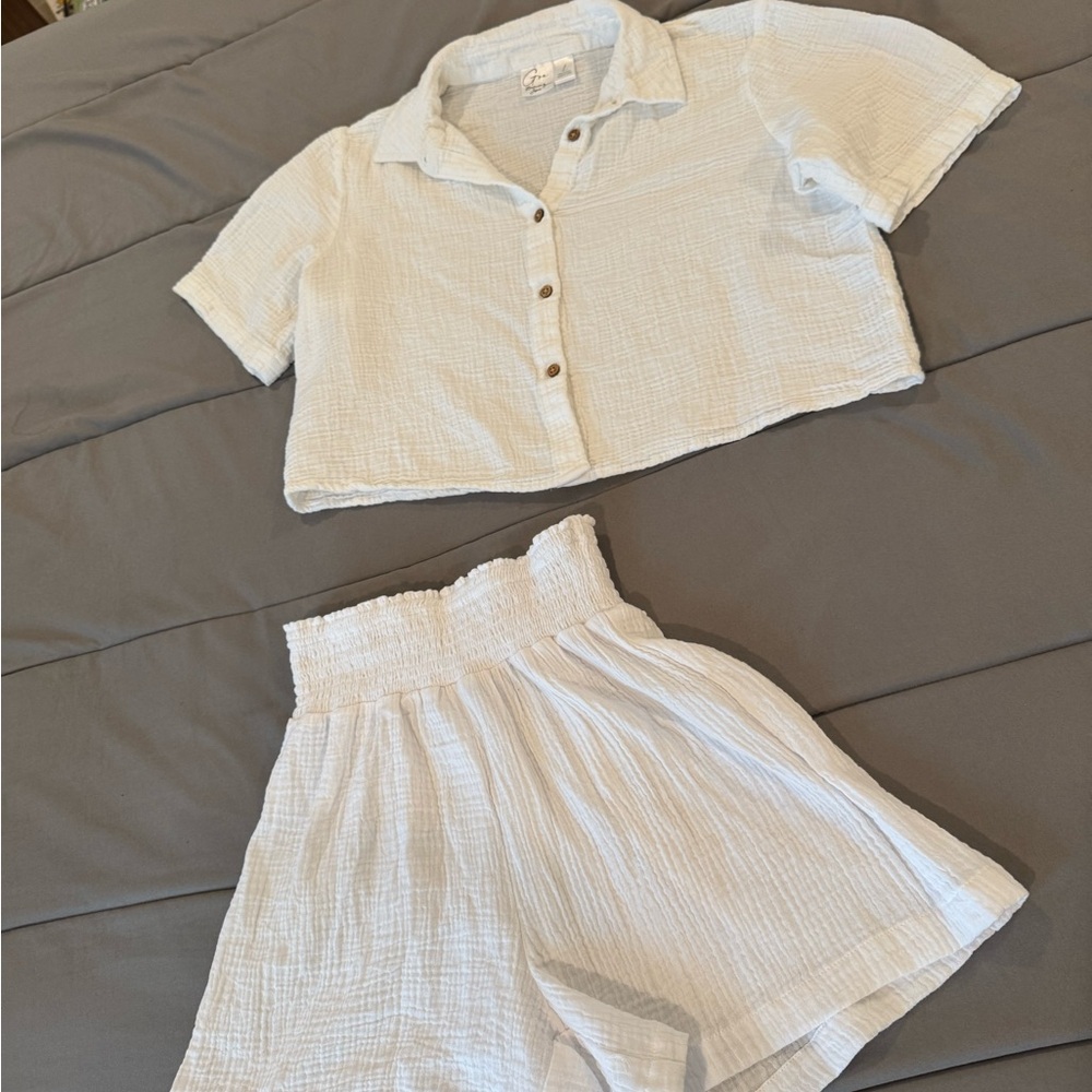 White Cropped Button-Up Top and High-Waisted Shorts Set